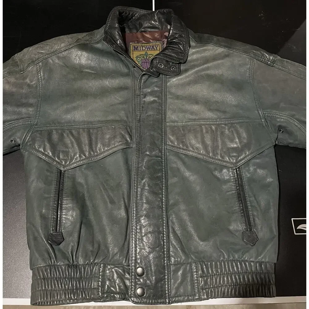 Vintage 80s Midway Leather Bomber Jacket Mens Small Sage Green Slate Flight Coat